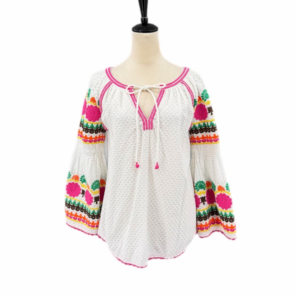Ivy Jane White Textured Swiss Dot Colorful Embroidered Long Sleeve Peasant Top